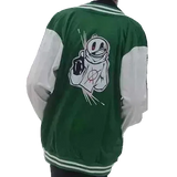 Green and white varsity jacket with a graphic design on the back against a white background