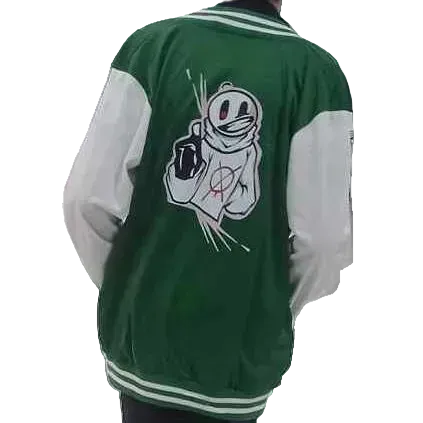 Green and white varsity jacket with a graphic design on the back against a white background